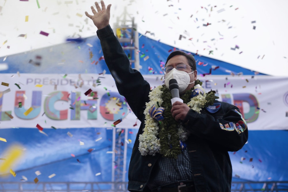 Movement Toward Socialism candidate Luis Arce speaks at a rally.