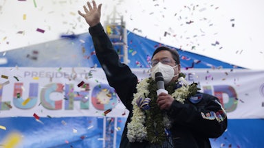 Movement Toward Socialism candidate Luis Arce speaks at a rally.