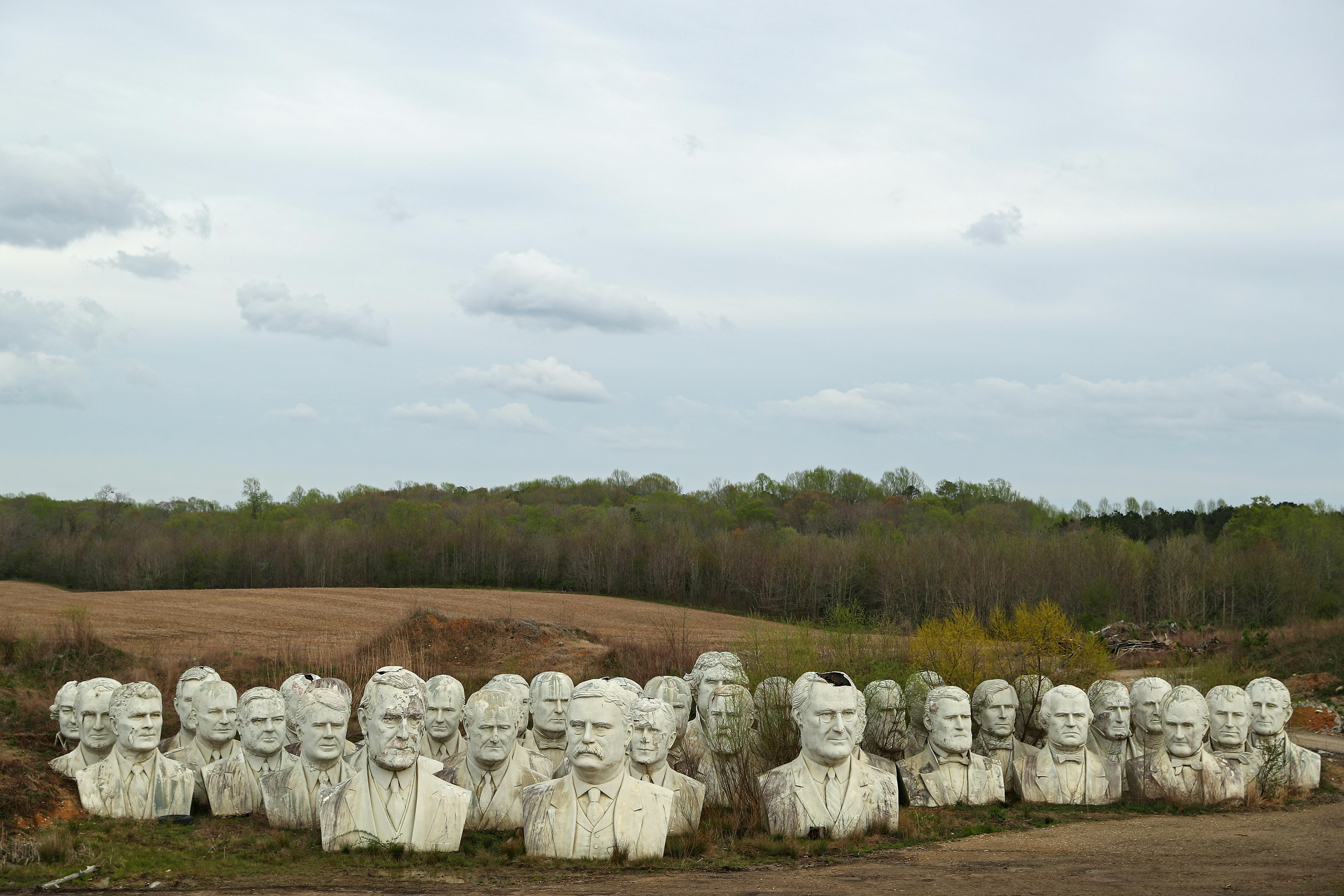 The busts of 43 presidents sit abandoned in a field in Virginia.