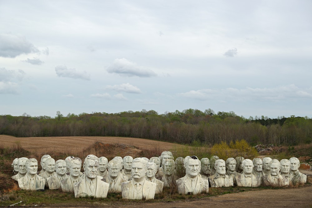 The busts of 43 presidents sit abandoned in a field in Virginia.