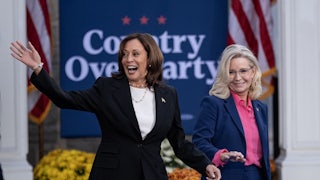 Kamala Harris with former U.S. Rep. Liz Cheney during a rally Wisconsin