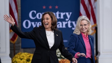 Kamala Harris with former U.S. Rep. Liz Cheney during a rally Wisconsin