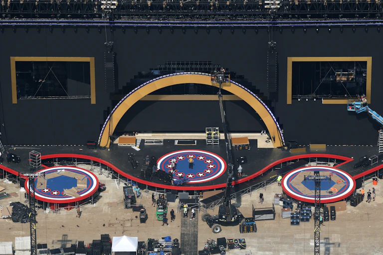 An aerial view of the stage for Donald Trump's July 4 event