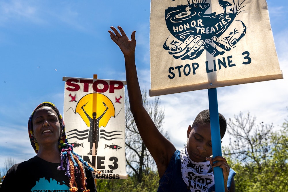 Climate activists protest the Line 3 pipeline in Solway, Minnesota
