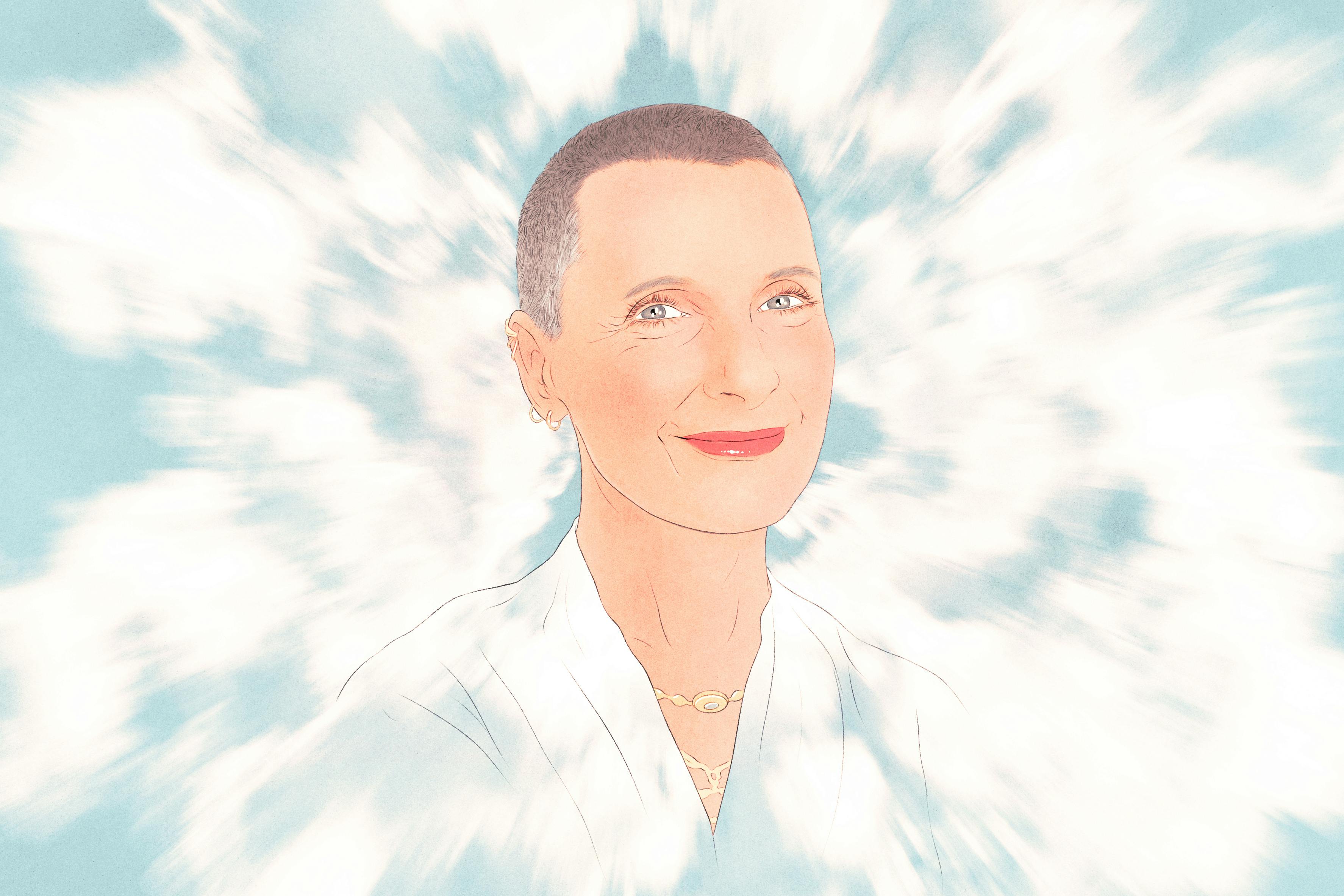 An illustration of author Elizabeth Gilbert in the clouds 