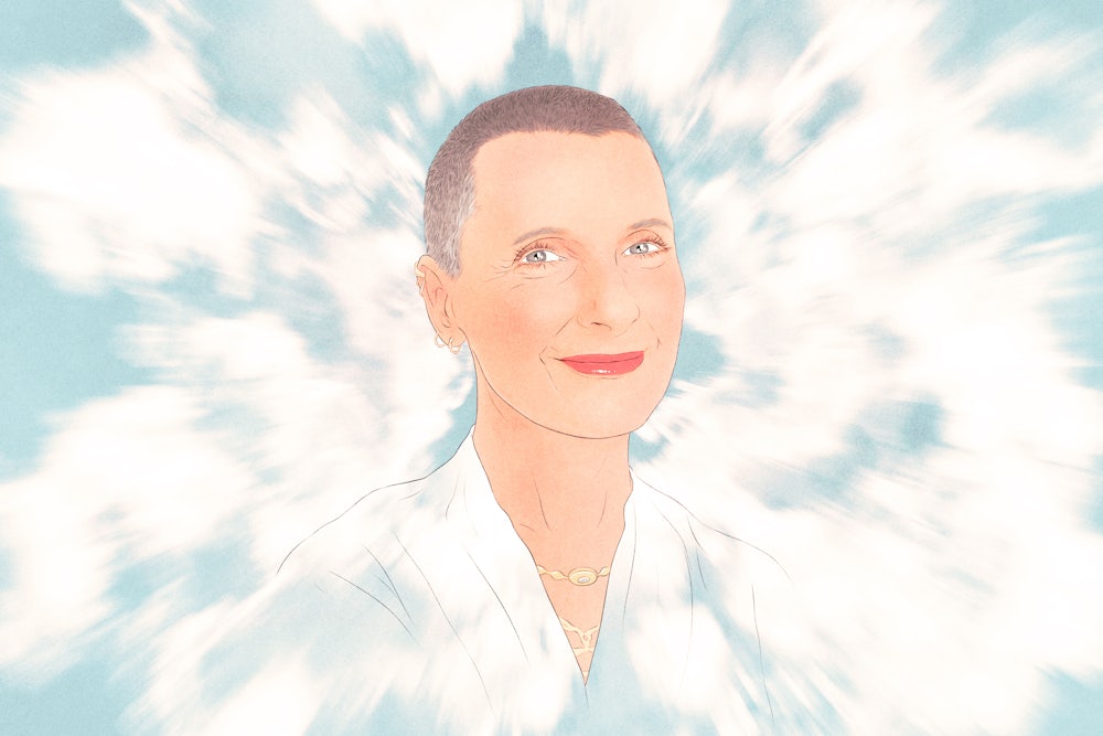 An illustration of author Elizabeth Gilbert in the clouds
