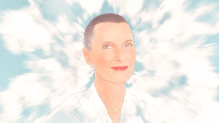An illustration of author Elizabeth Gilbert in the clouds