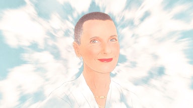 An illustration of author Elizabeth Gilbert in the clouds