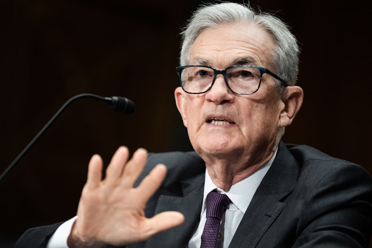 Federal Reserve Chair Jerome Powell gestures while testifying in Congress