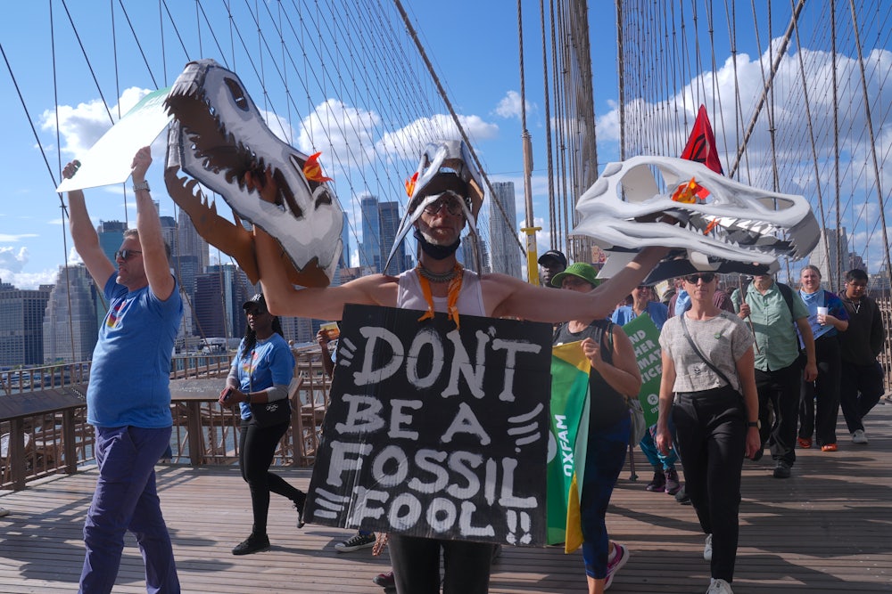A demonstrator holds two replicas of dinosaur heads in his hands while wearing a sign reading "Don't Be a Fossil Fool!!"