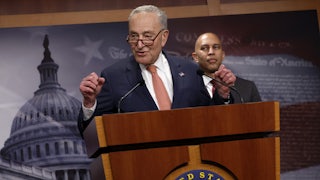Senate Minority Leader Charles Schumer House Minority Leader Hakeem Jeffries speak at a press conference.