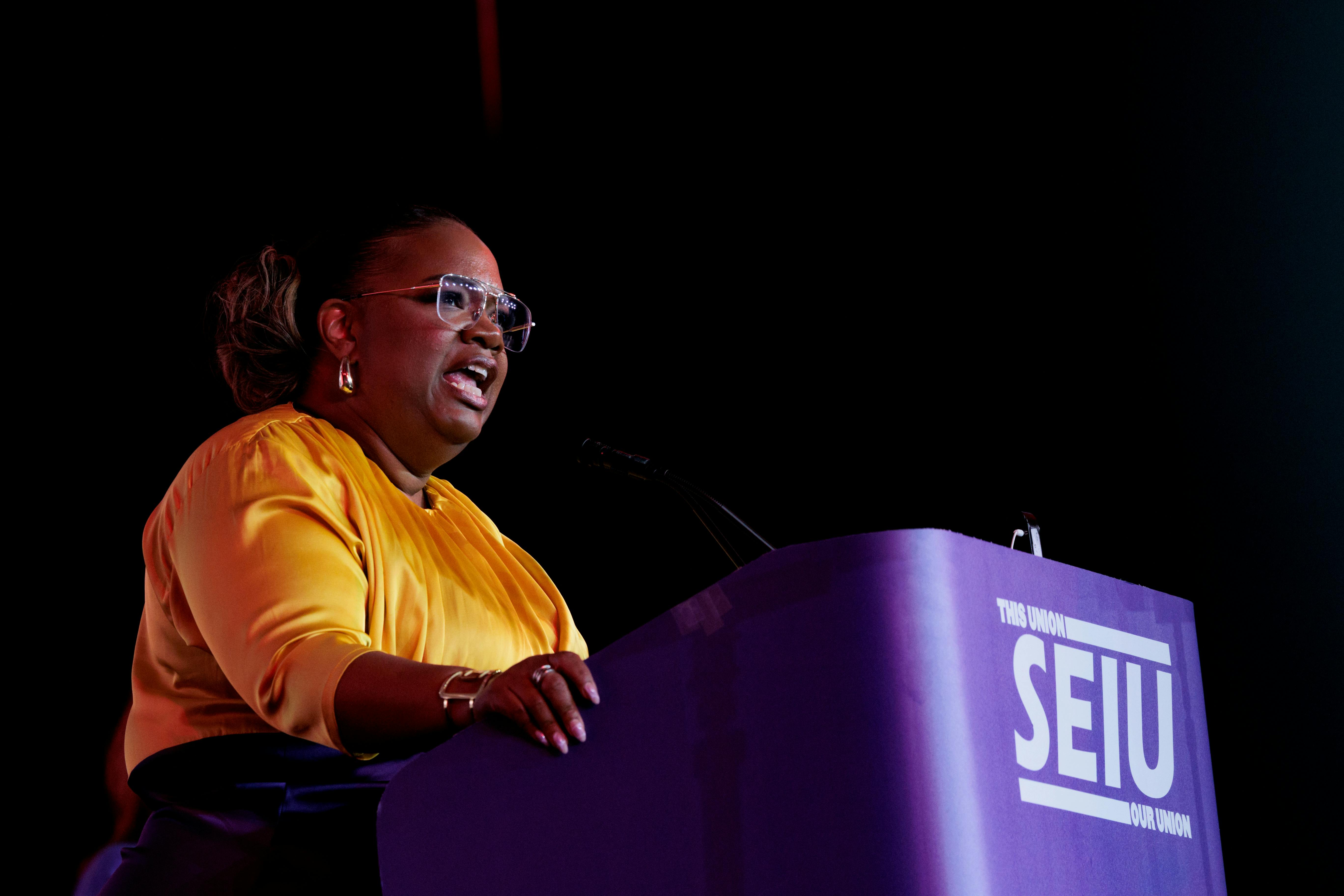 April Verrett, president of the Service Employees International Union, speaks during the SEIU convention in Philadelphia, Pennsylvania. 