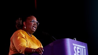 April Verrett, president of the Service Employees International Union, speaks during the SEIU convention in Philadelphia, Pennsylvania.