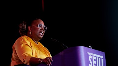 April Verrett, president of the Service Employees International Union, speaks during the SEIU convention in Philadelphia, Pennsylvania.