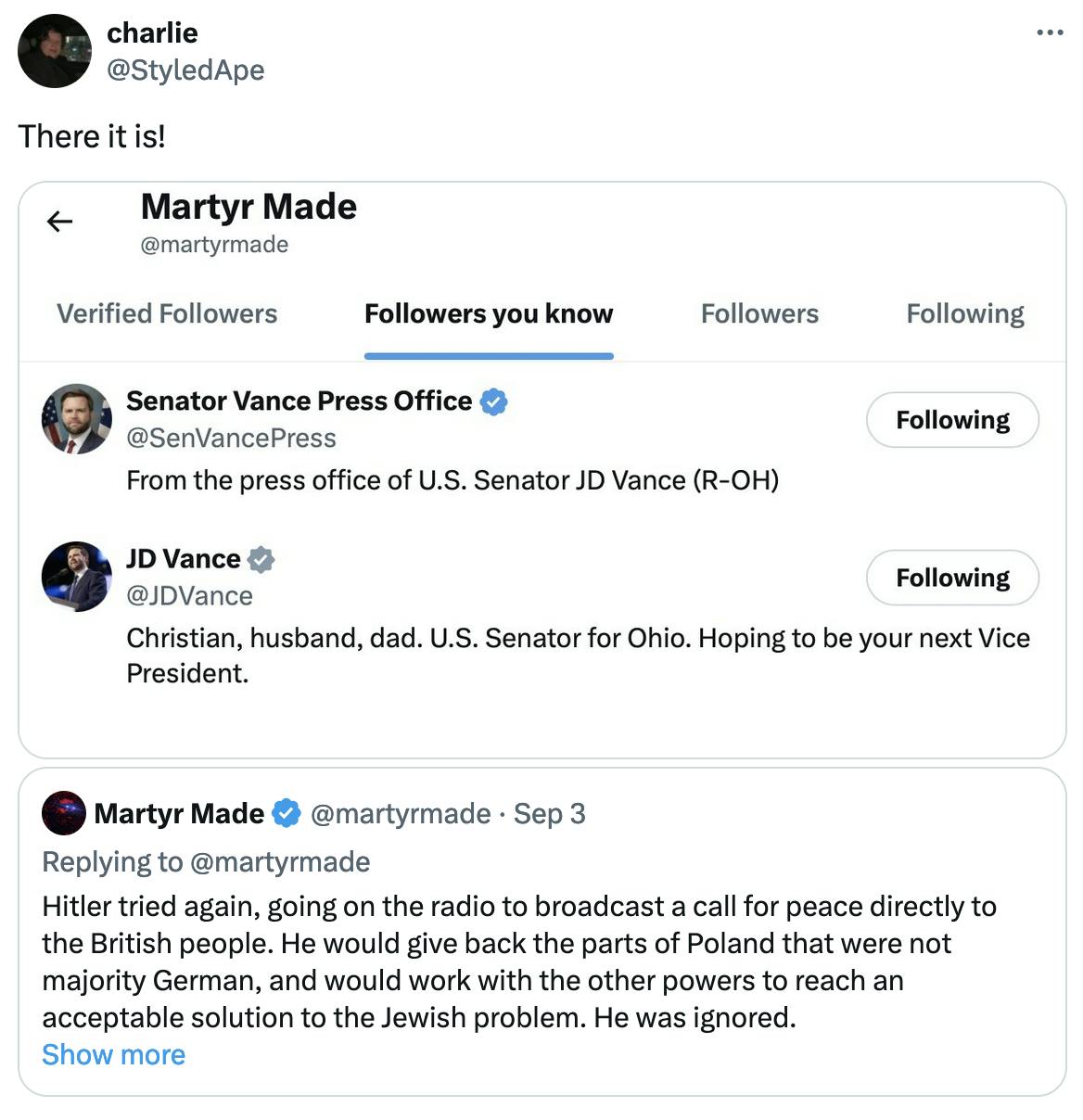 Twitter screenshot charlie @StyledApe: There it is! (attached screenshot of @martyrmade's followers including both of Vance's accounts)