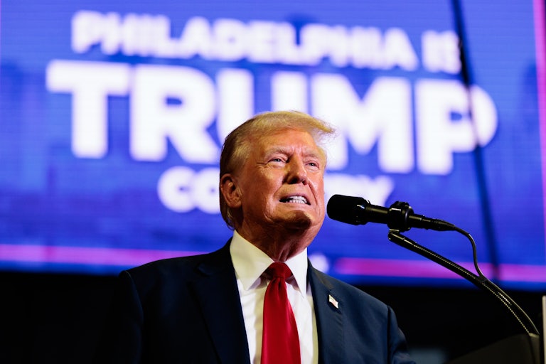 Donald Trump smiles as he stands at a microphone