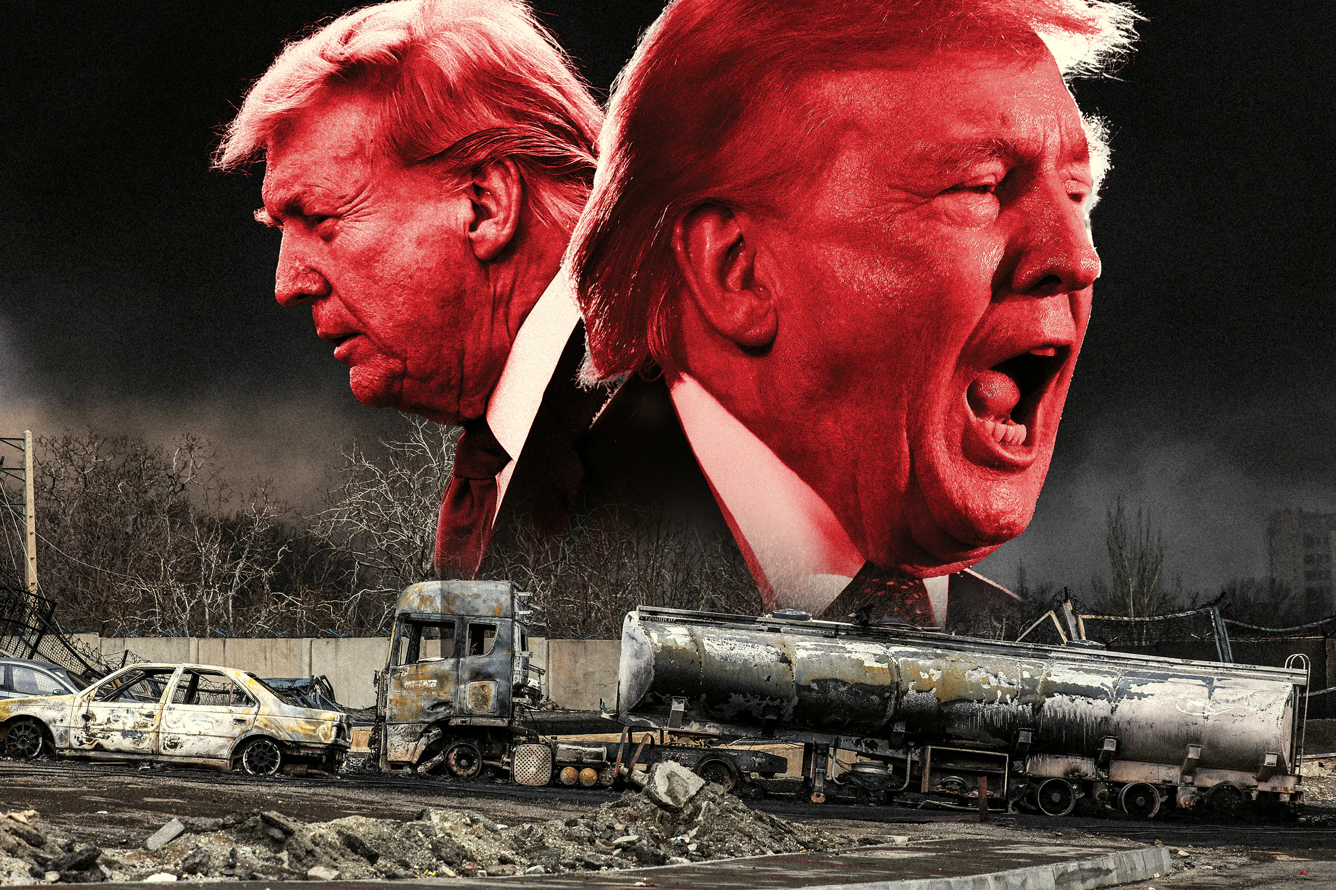A photo illustration featuring  two heads of Trump, one quiet,  one yelling, looming over the landscape of bombed oil fields in Tehran 