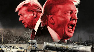 A photo illustration featuring two heads of Trump, one quiet, one yelling, looming over the landscape of bombed oil fields in Tehran