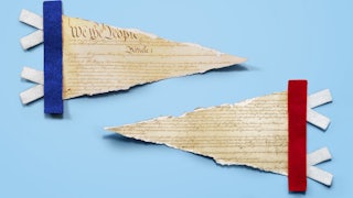 A photo illustration of a horn blasting confetti and pieces of the constitution