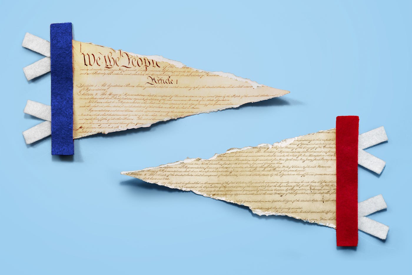 A photo illustration of the constitution in the form of banner style flags