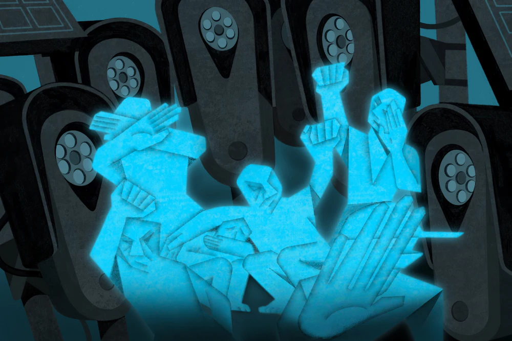 Illustration of a group of Flock camera protestors surrounded by giant Flock cameras.