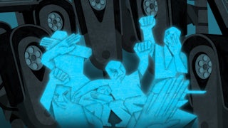 Illustration of a group of Flock camera protestors surrounded by giant Flock cameras.