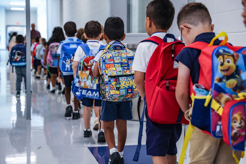 Students at Patrick Henry K-8 School in Alexandria, Virginia on their first day back to school on August 19, 2024.