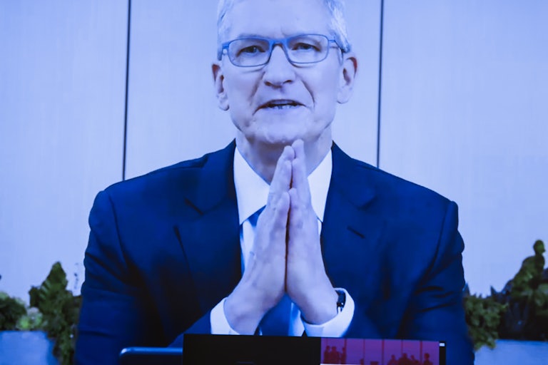 Apple CEO Tim Cook places his hands together and speaks via video conference during the House’s Antitrust, Commercial, and Administrative Law Subcommittee hearing.