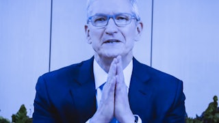 Apple CEO Tim Cook places his hands together and speaks via video conference during the House’s Antitrust, Commercial, and Administrative Law Subcommittee hearing.