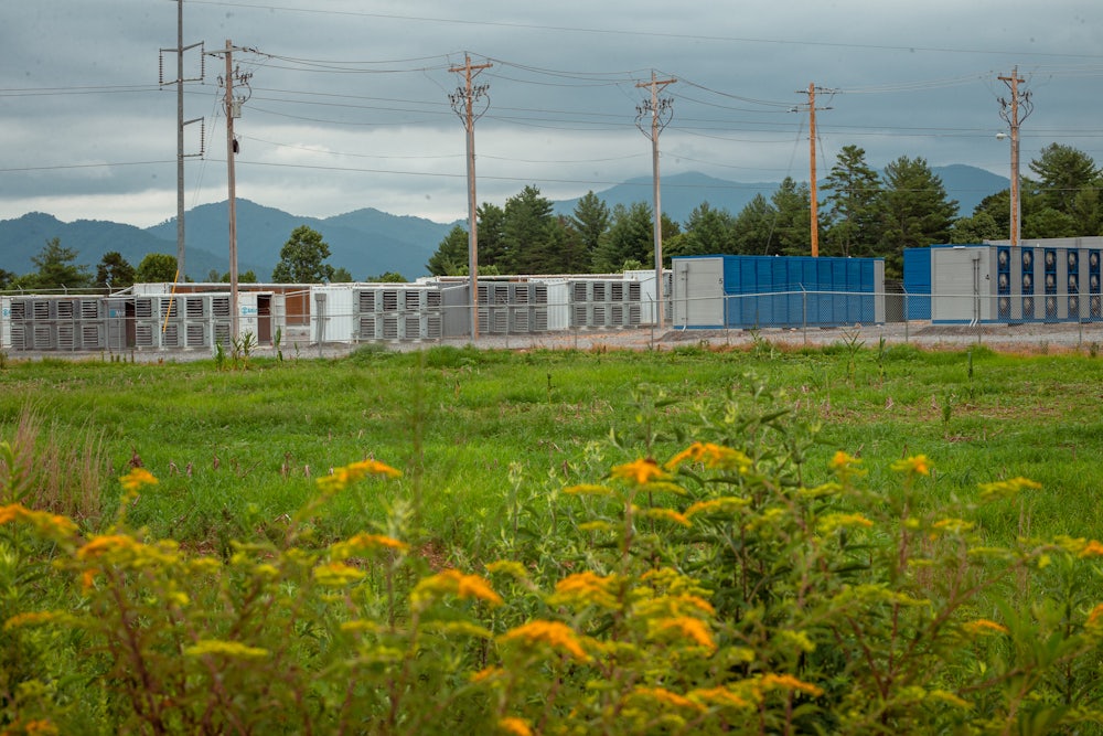 A meadow with wildflowers in the foreground with power lines and low buildings and mountains in the background.