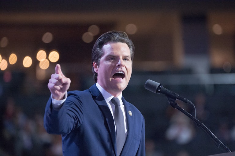 Matt Gaetz speaks into a microphone during the Republican National Convention