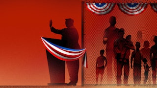 Illustration of Trump at a podium with line of immigrants behind him.