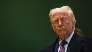 Donald Trump looks off while standing in front of a green backdrop.