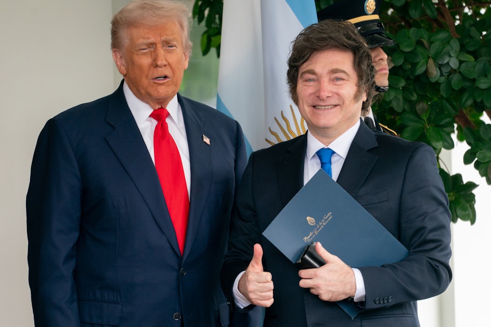 President Donald Trump and Javier Milei, Argentina’s president, pose outside the West Wing of the White House in Washington, D.C.