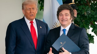President Donald Trump and Javier Milei, Argentina’s president, pose outside the West Wing of the White House in Washington, D.C.
