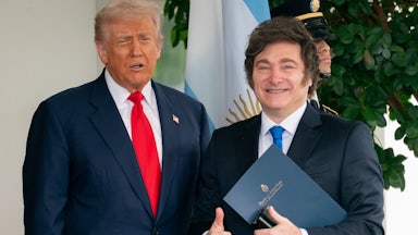 President Donald Trump and Javier Milei, Argentina’s president, pose outside the West Wing of the White House in Washington, D.C.
