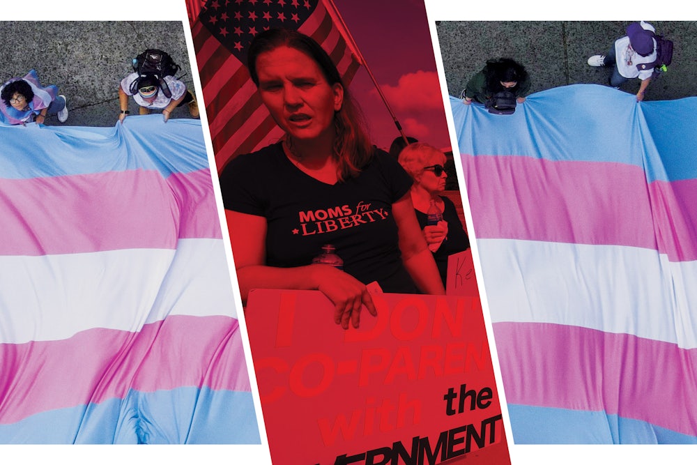 A giant flag representing transgender rights is interrupted by a photo of a Moms for Liberty supporter