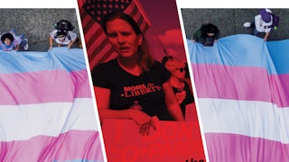 A giant flag representing transgender rights is interrupted by a photo of a Moms for Liberty supporter