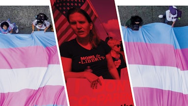 A giant flag representing transgender rights is interrupted by a photo of a Moms for Liberty supporter