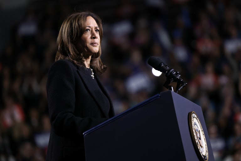 Kamala Harris speaks at a lectern