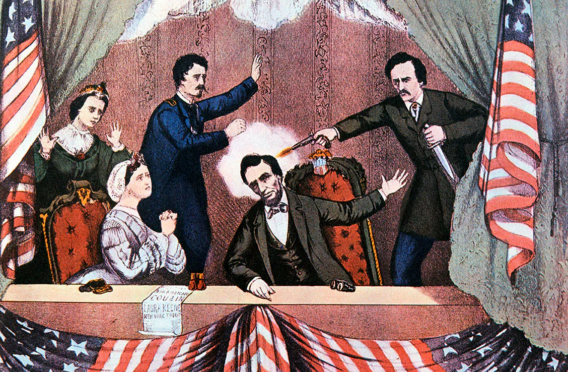 color illustration of John Wilkes Booth shooting President Abraham Lincoln 