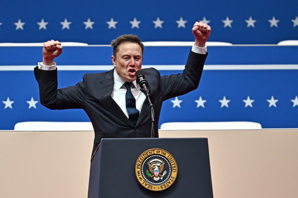 Elon Musk holds his fists above his head while speaking on stage at Donald Trump’s inauguration parade