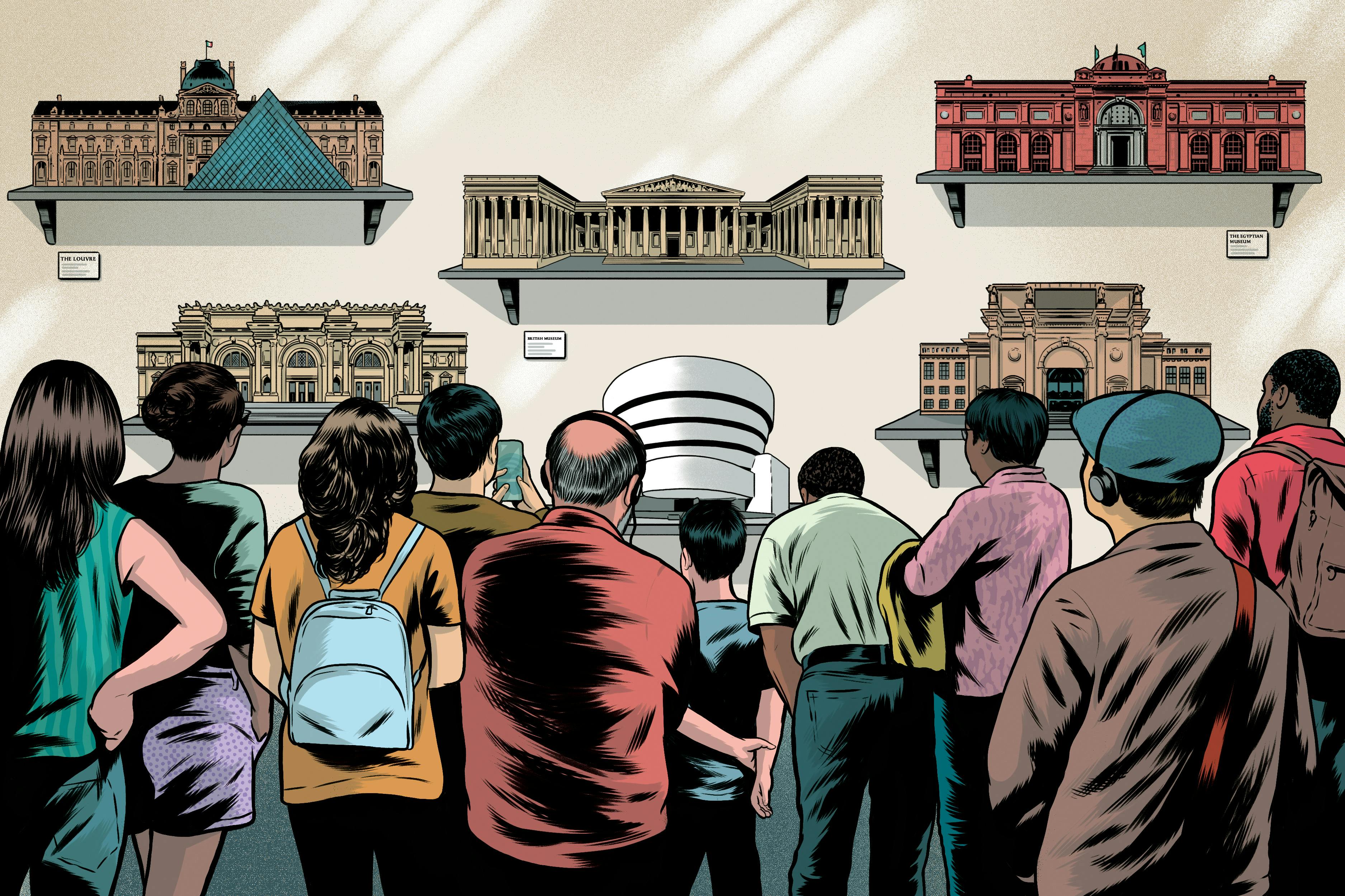 Visitors to a museum look at miniature museum exteriors 