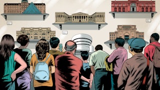 Visitors to a museum look at miniature museum exteriors