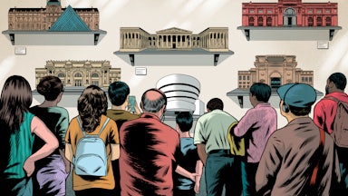 Visitors to a museum look at miniature museum exteriors