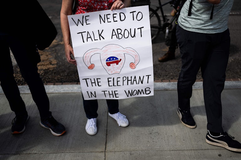 Someone holds a sign reading "We need to talk about the elephant in the womb."