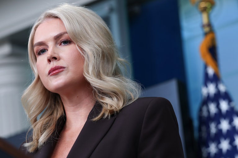 Karoline Leavitt stands at the podium in the White House press briefing room