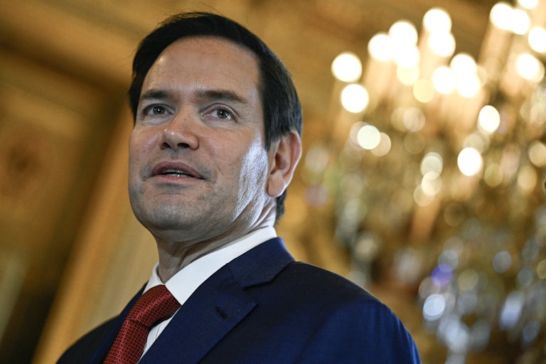 Secretary of State Marco Rubio speaks to reporters at an event in France