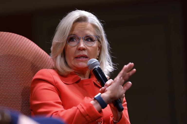Liz Cheney speaks with a handheld mic