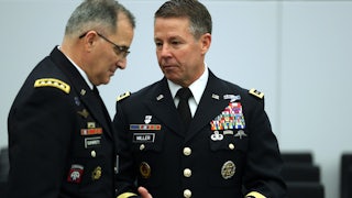 General Austin Scott Miller (R) and General Curtis Scapparrotti at NATO headquarters